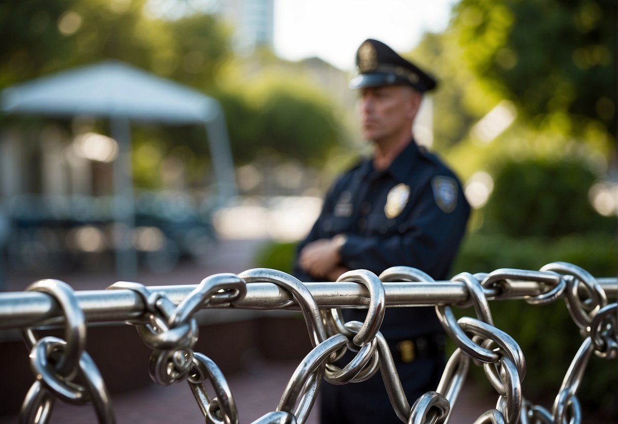 A security guard patrols around outdoor furniture, securing it with heavy-duty locks and chains to prevent theft