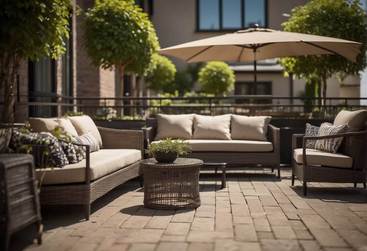 A patio with a set of outdoor furniture secured with heavy-duty locks and chains, surrounded by a fence and equipped with a security camera