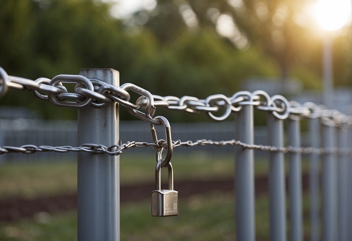 Outdoor furniture secured with heavy-duty locks and chains. Motion-activated lights and security cameras installed around the perimeter. Fence topped with barbed wire for added protection