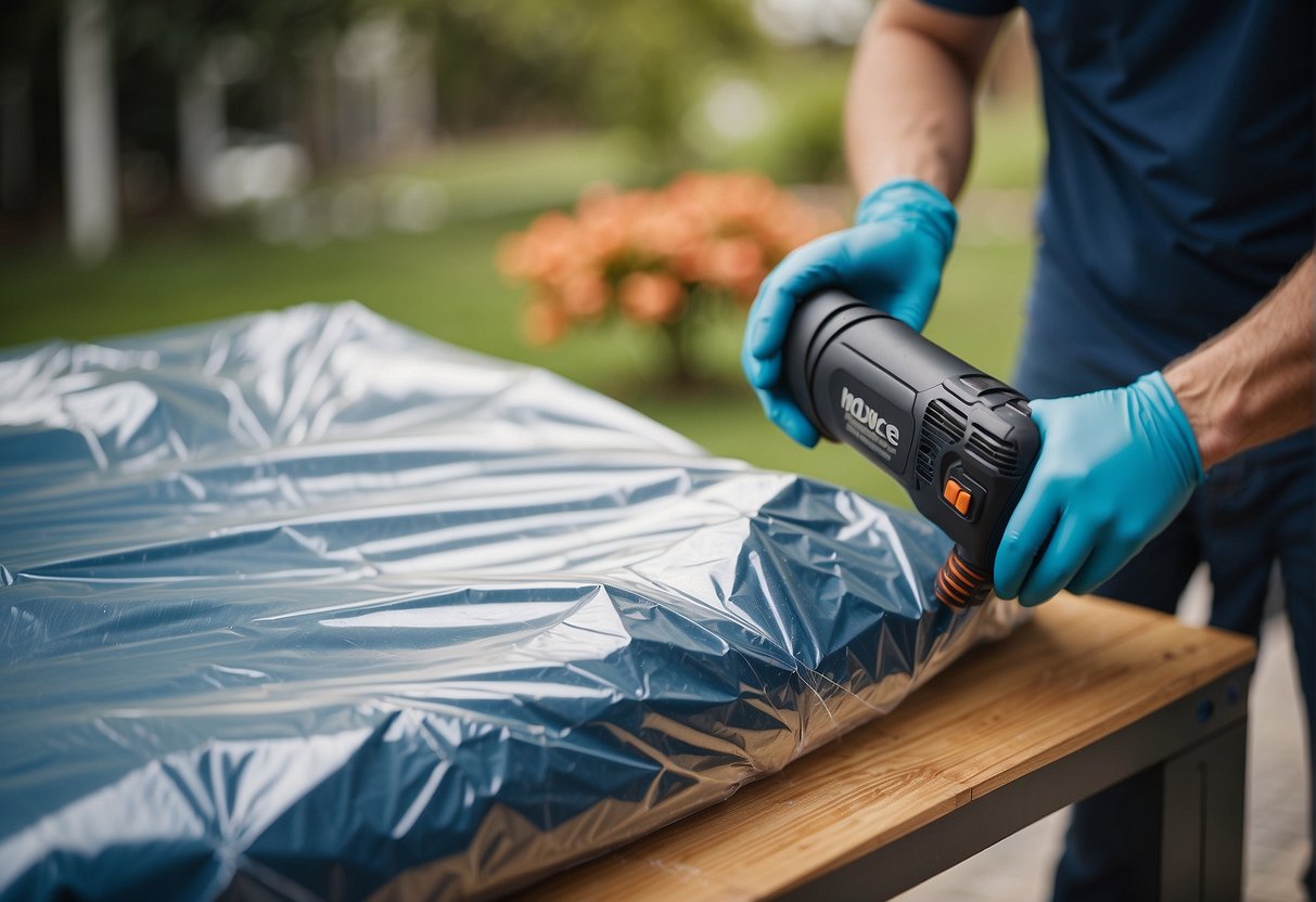 Outdoor furniture being wrapped in shrink wrap with a heat gun nearby