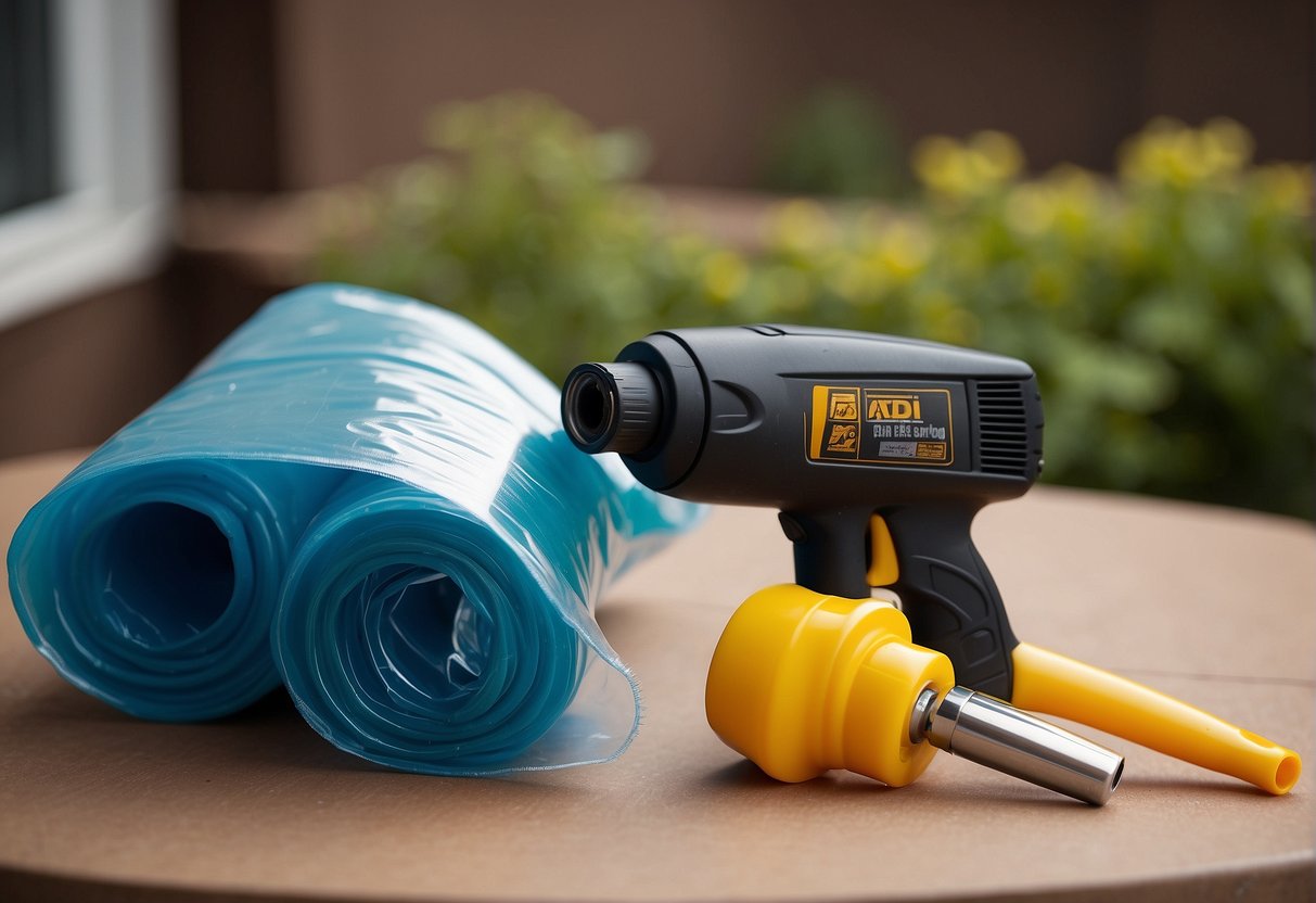 A heat gun hovers over a patio set, while a roll of shrink wrap and a pair of scissors sit nearby