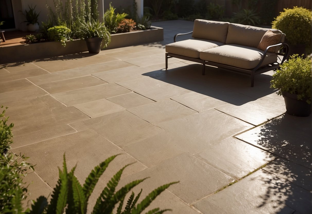 Concrete patio with brush, stain, and sealer. Sun shining on the surface, creating shadows. Outdoor setting with plants and furniture nearby