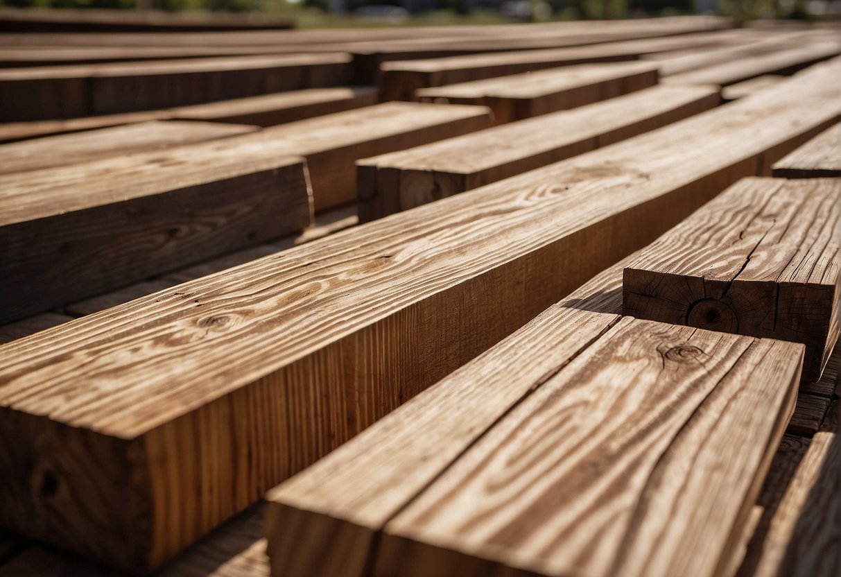 Wood planks laid out, drying in the sun. Stain being applied, soaking into the grain. Curing process underway, creating a rich, weather-resistant finish