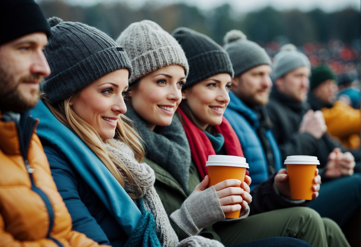 A group of people huddled together, wrapped in blankets and sipping hot drinks, while sitting on insulated seat cushions at an outdoor sporting event