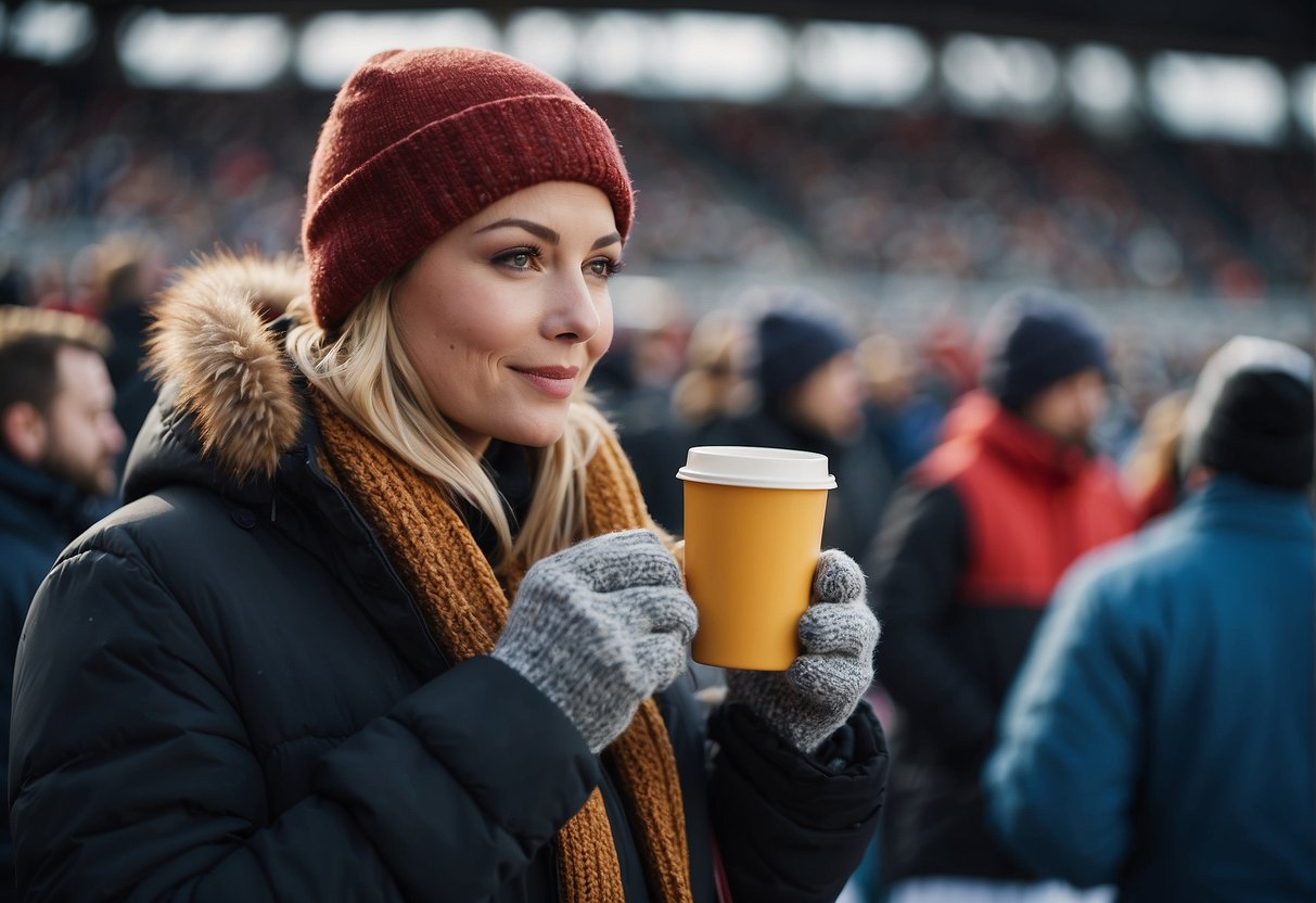 A person wearing a beanie, scarf, gloves, and a thick jacket, while holding a hot drink, watching a sports event in a stadium on a cold day