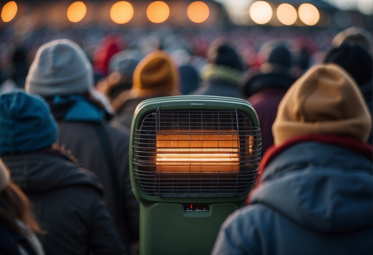 Fans huddled around a portable heater at an outdoor sporting event, bundled up in warm clothing and blankets. The heater emits a cozy glow, providing relief from the chilly air