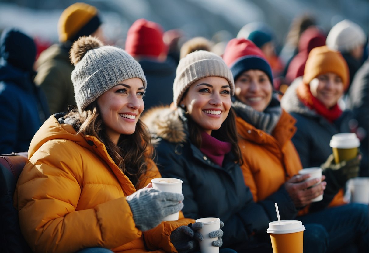 People in warm clothing drink hot beverages and eat nutritious snacks at an outdoor sporting event