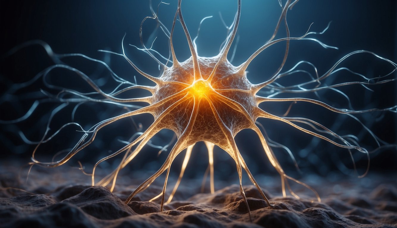 A neuron releasing BDNF into the synaptic cleft, promoting neuroplasticity and supporting the growth of new neural connections