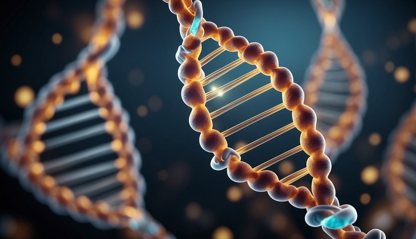 A double helix DNA strand with BDNF gene highlighted, surrounded by brain cells emitting signals