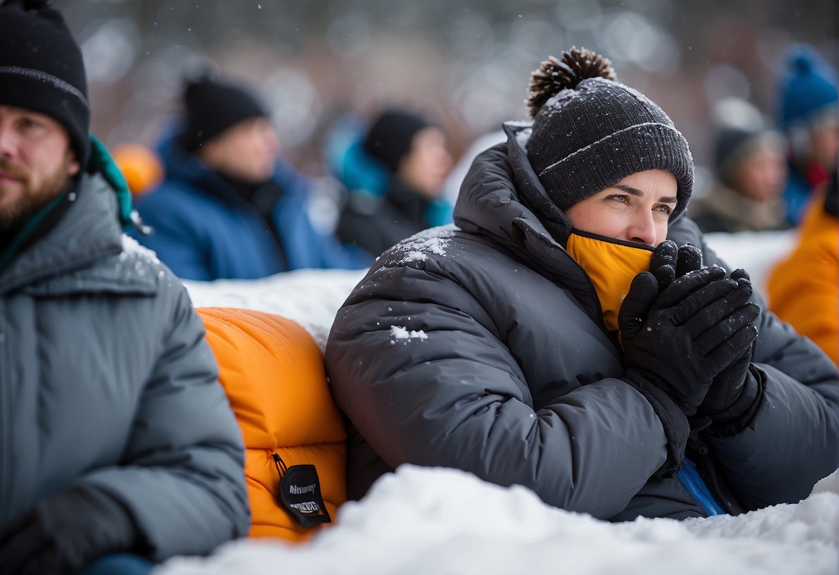 Fans using heated blankets, hand warmers, and insulated seat cushions at a snowy outdoor game