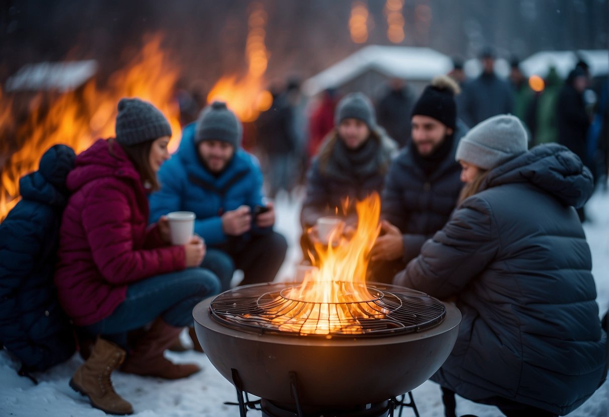 Fans huddle around portable heaters, wrapped in blankets and sipping hot drinks. A bonfire crackles nearby, emitting warmth. Winter gear and insulated seats provide additional comfort against the cold