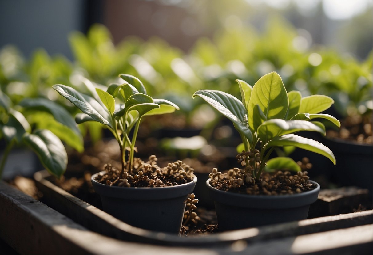 Potted plants overrun by ants, with wilting leaves and visible damage