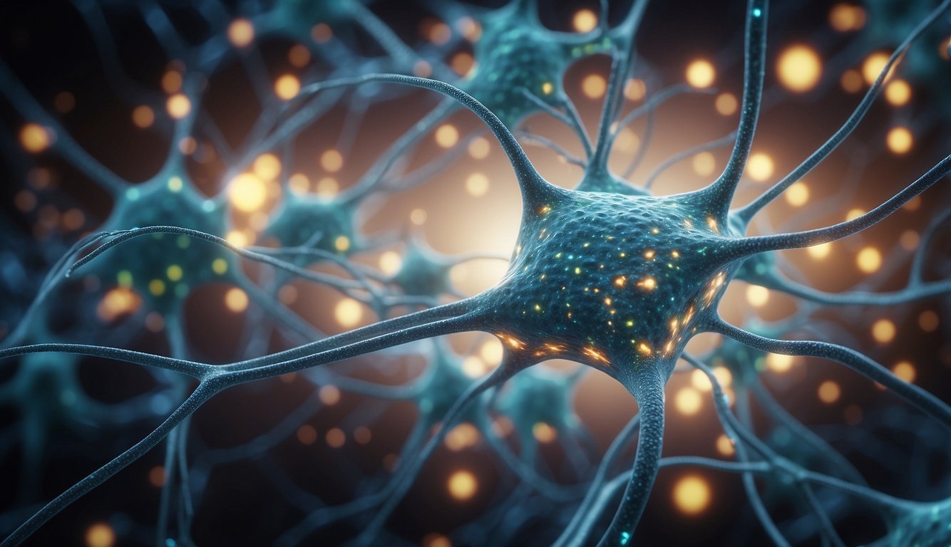 Neurons releasing BDNF, promoting growth and survival. Signal transduction pathways activated, enhancing synaptic plasticity and cognitive function