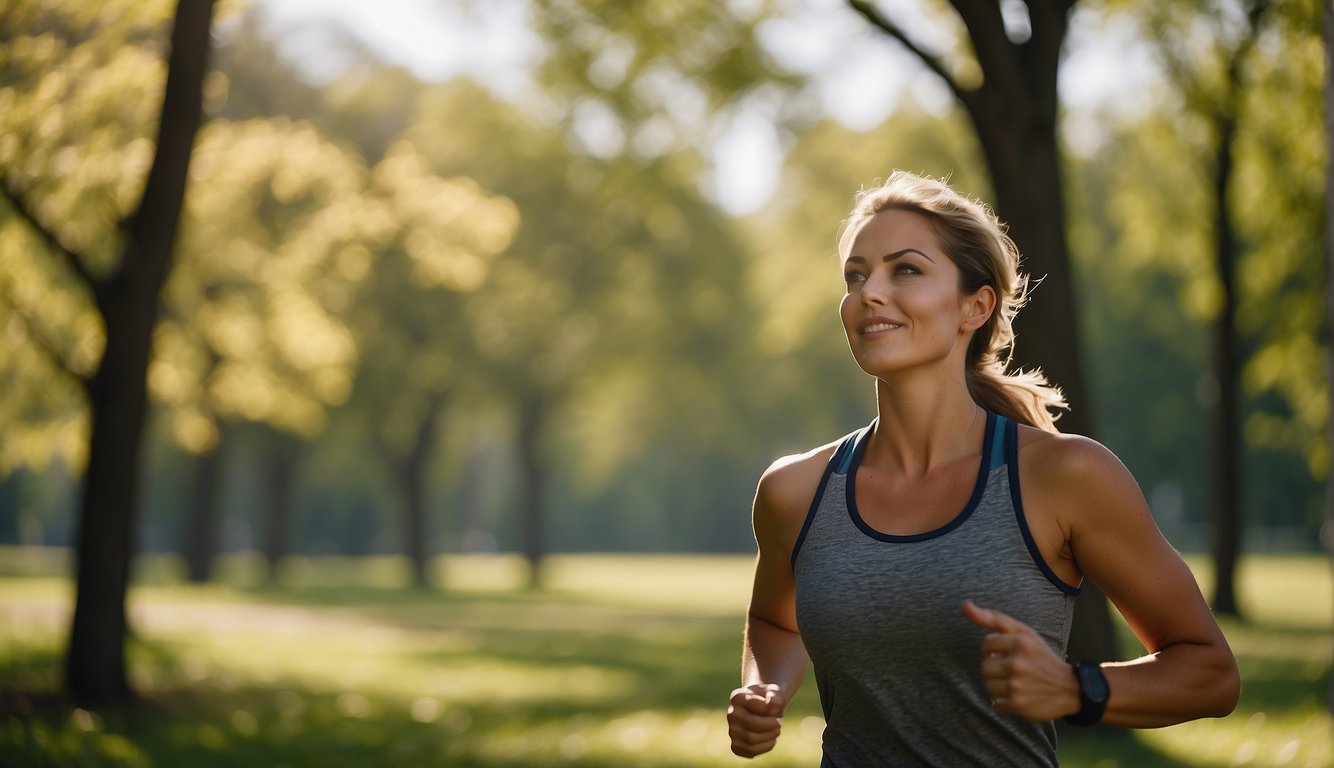 A sunny day in a park, with trees swaying in the wind and birds chirping. A person is exercising, surrounded by nature and fresh air