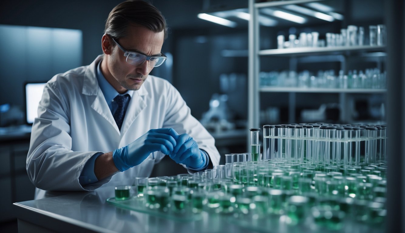 In a laboratory, a scientist examines a petri dish containing brain cells, surrounded by advanced research equipment and potential therapies for Brain-Derived Neurotrophic Factor