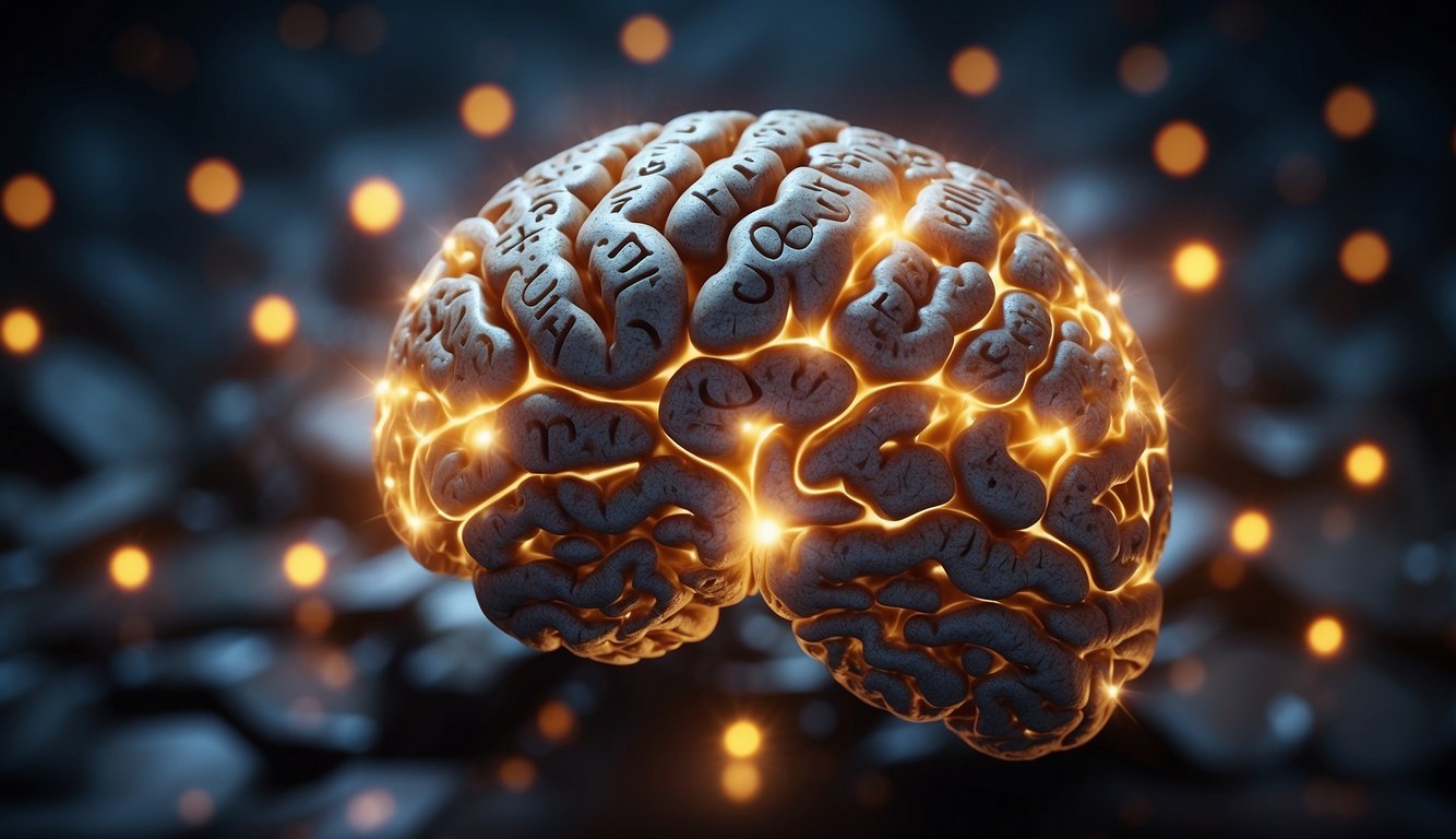 A glowing brain surrounded by question marks, with the letters "BDNF" emanating from it