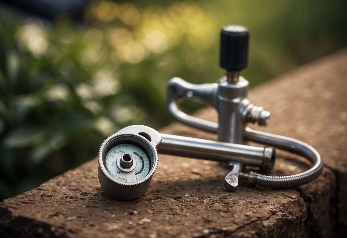 A wrench and flashlight lay next to an outdoor faucet. A pipe cutter and soldering iron sit nearby. The faucet is partially unscrewed, revealing the connection underneath