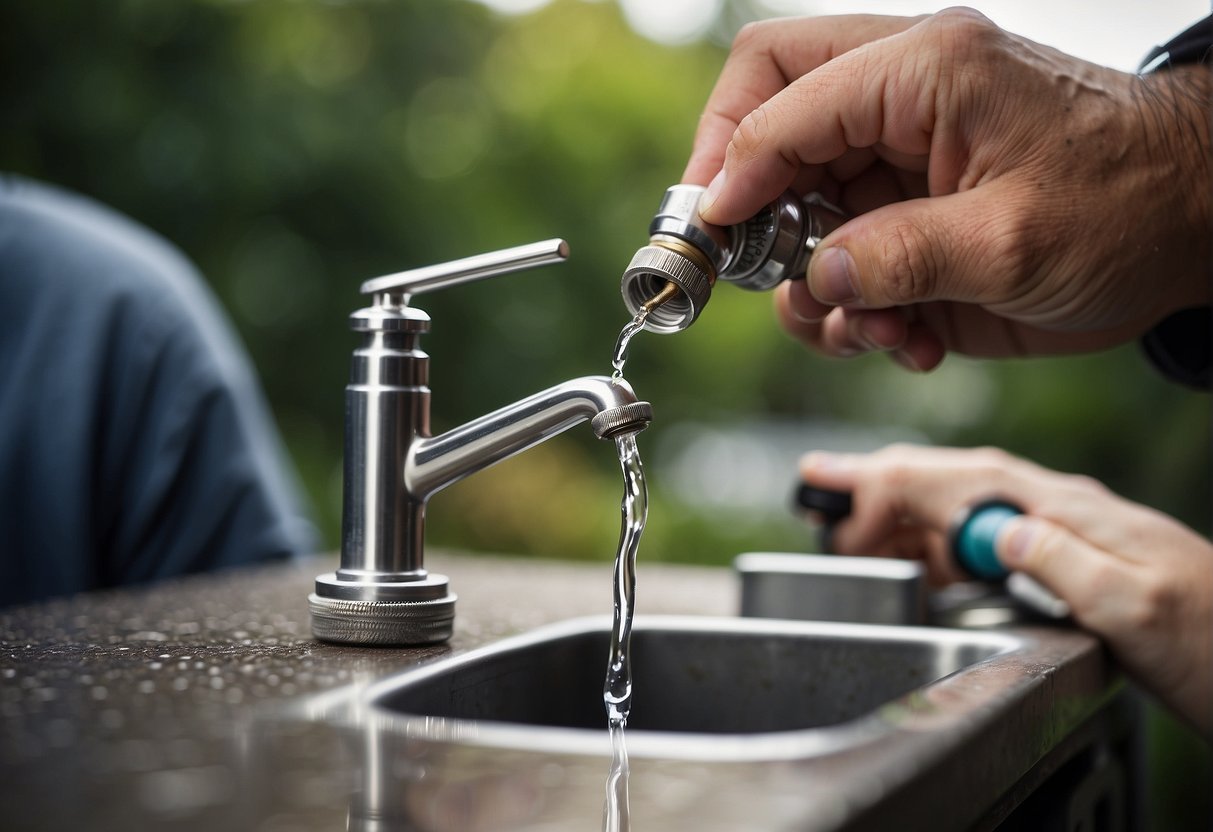 An outdoor faucet is being examined. A hand is checking for screws or soldering