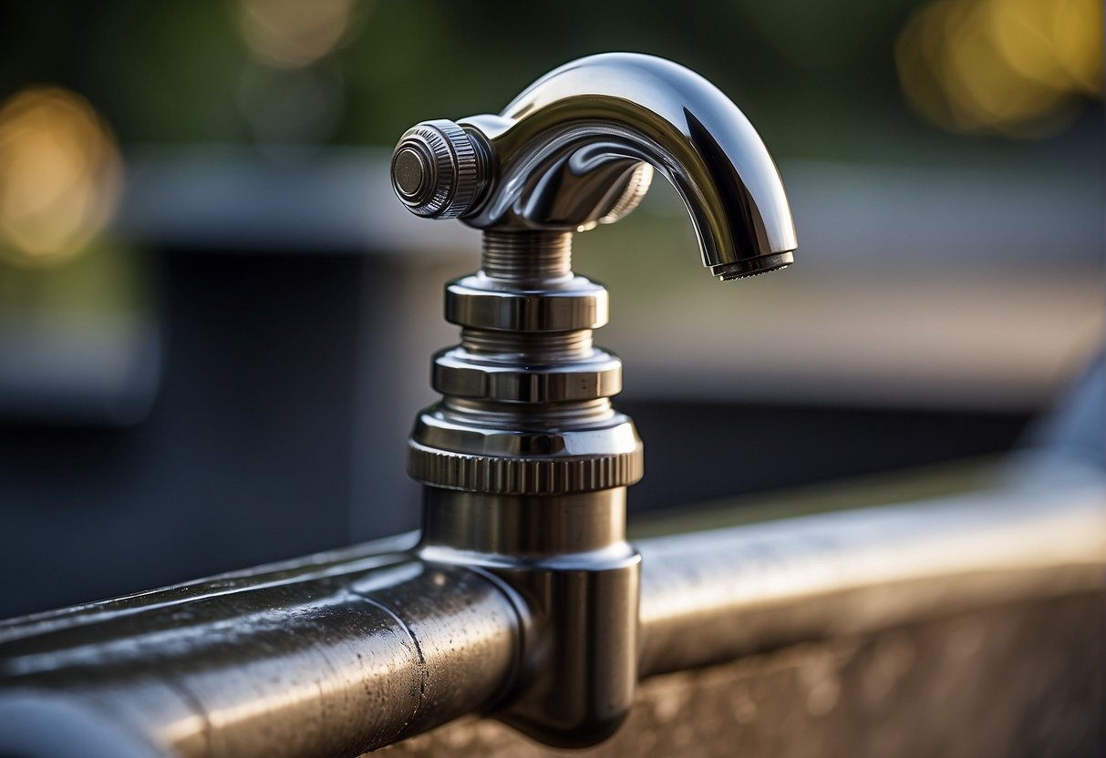 A close-up of an outdoor faucet showing the connection point to the pipe, with clear indications of screwing or soldering