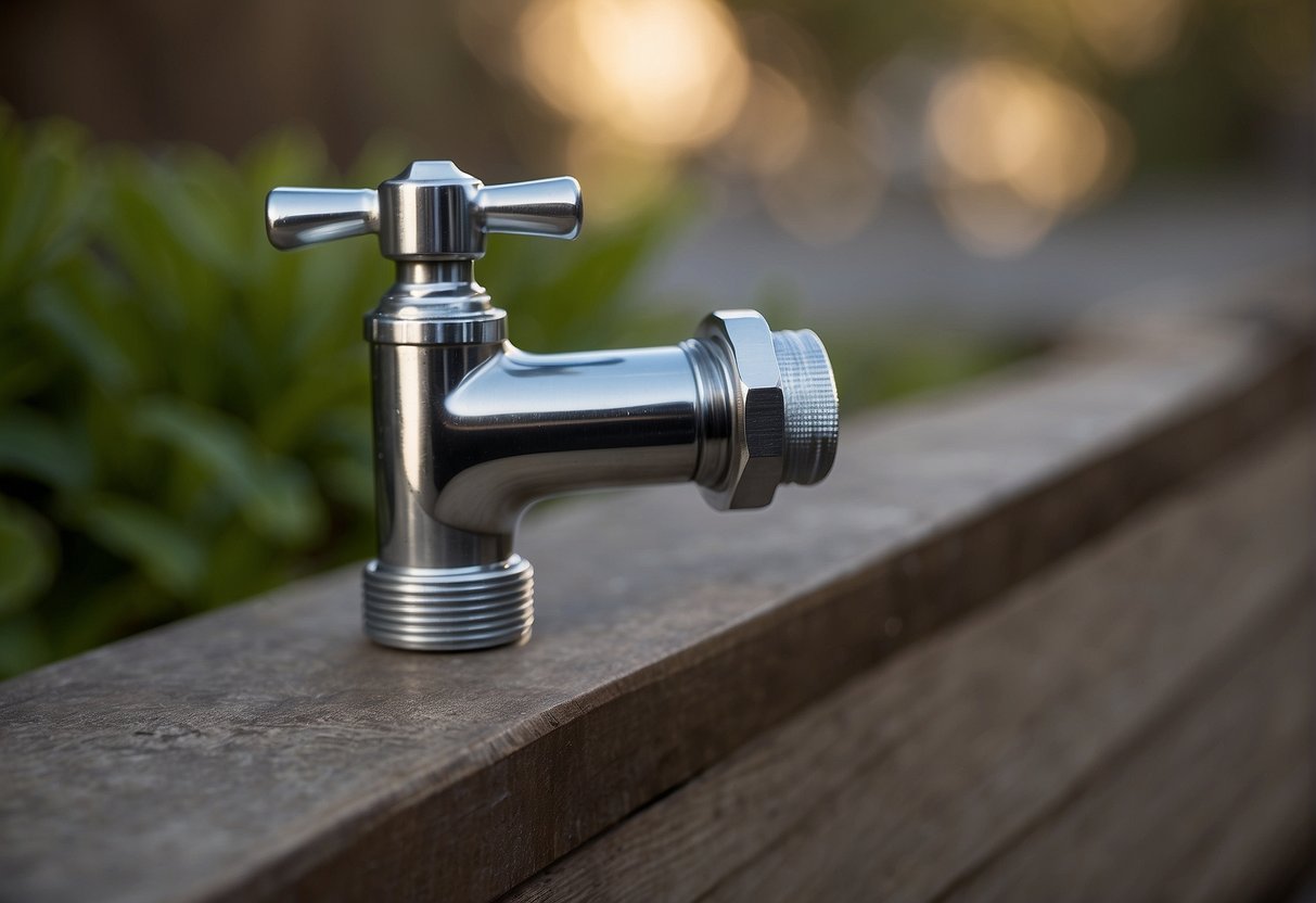 An outdoor faucet is attached to a pipe with visible screw threads or smooth, soldered connections. The faucet may have a screw-on cap or a soldered joint