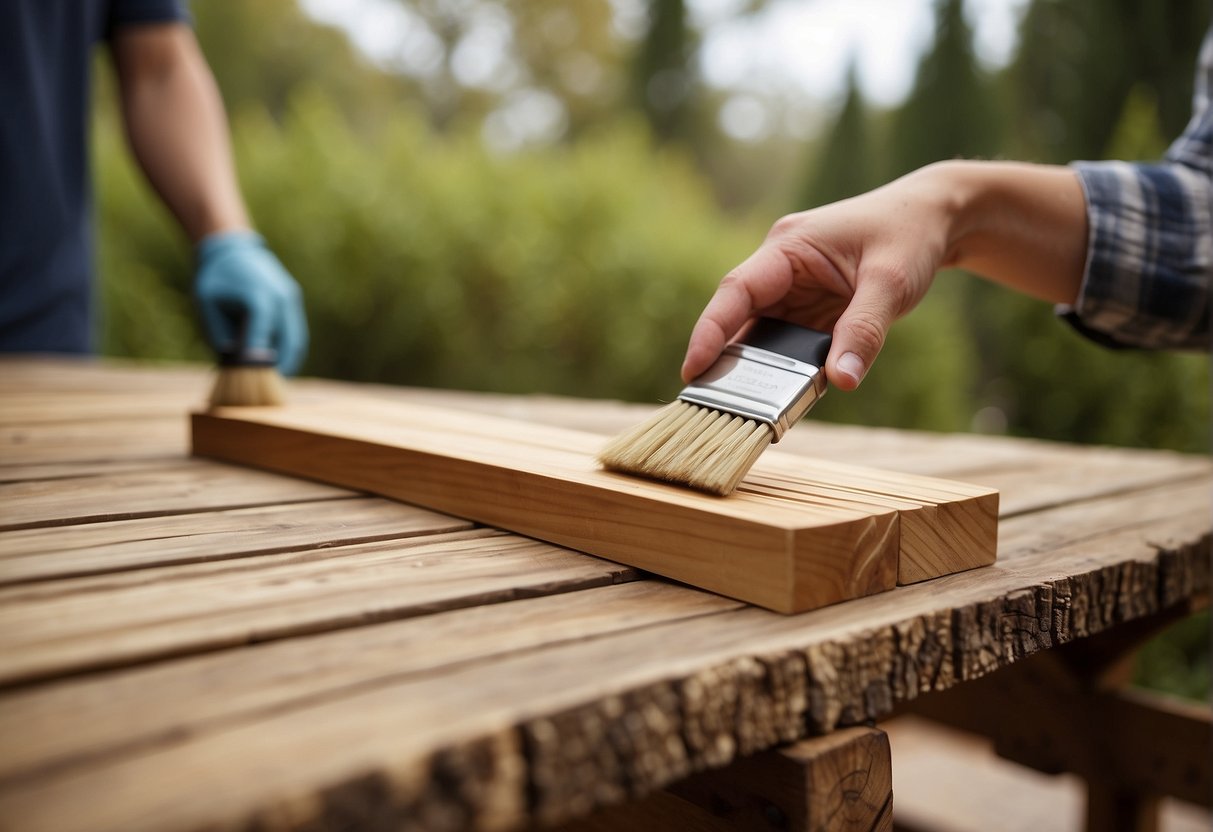 A person applies wood preservative to a pine outdoor furniture piece, using a brush to coat the surface evenly