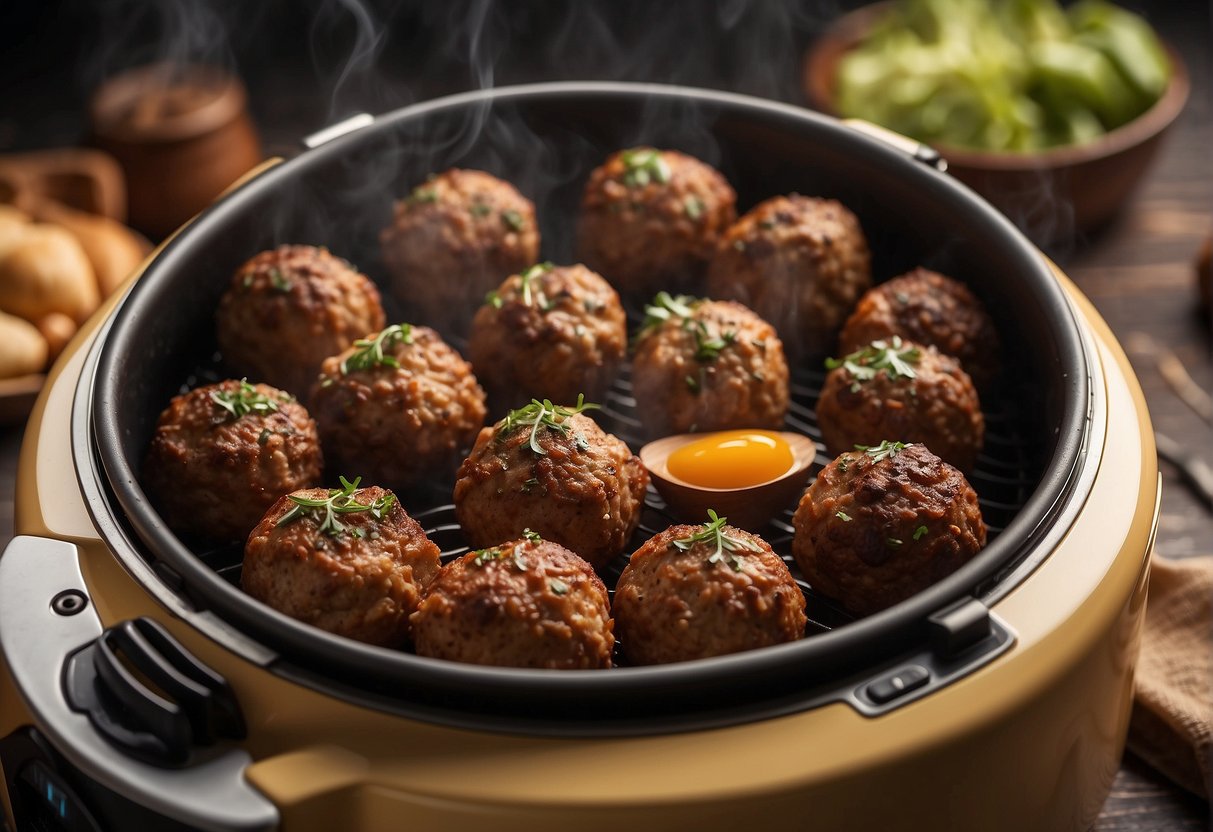 Meatballs sizzle in air fryer, surrounded by swirling hot air