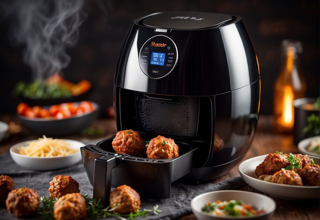 Meatballs sizzle in the air fryer, surrounded by hot air, as they reheat to perfection