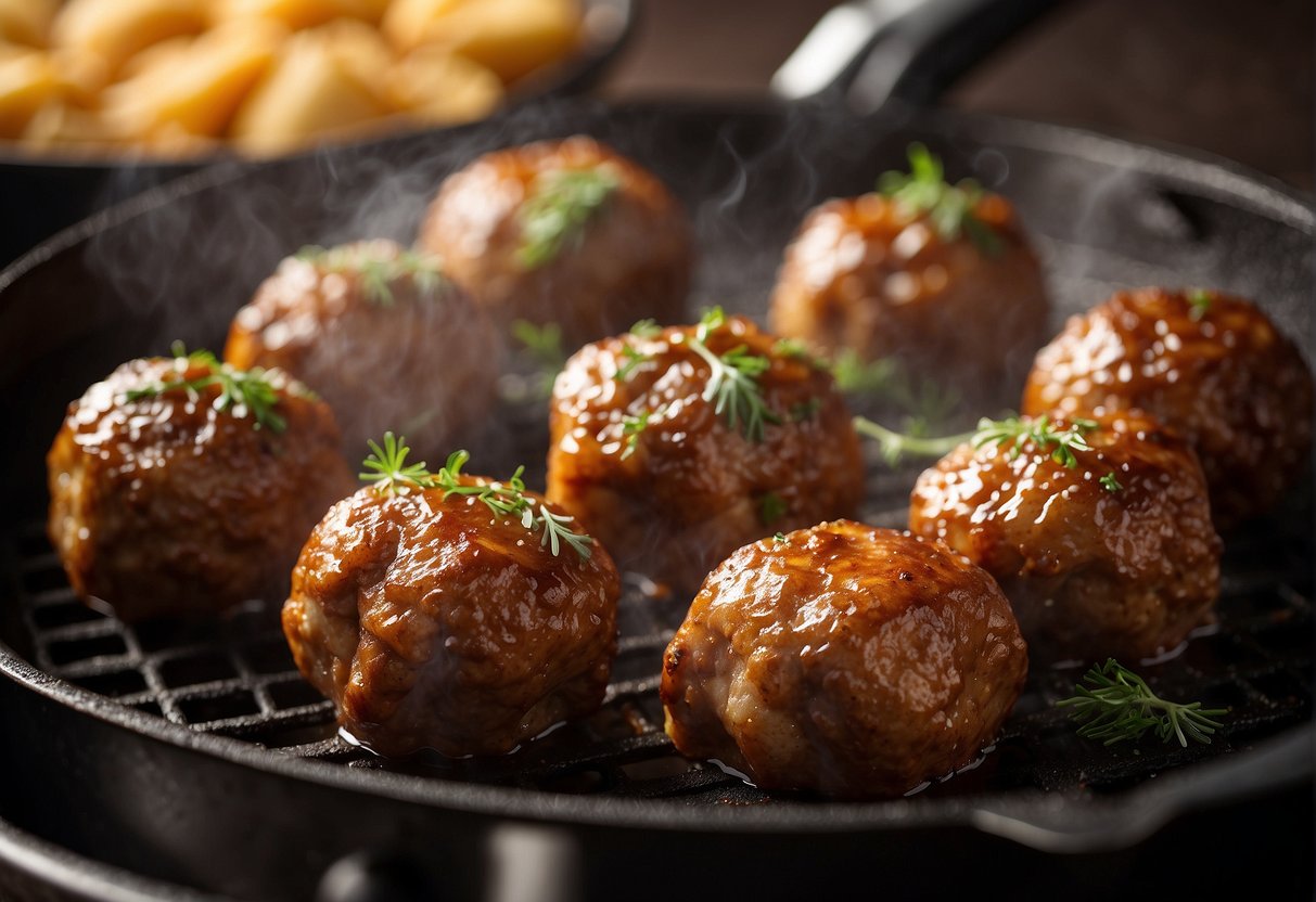 Meatballs sizzling in air fryer, steam rising, golden brown and juicy, enhancing flavor and moisture