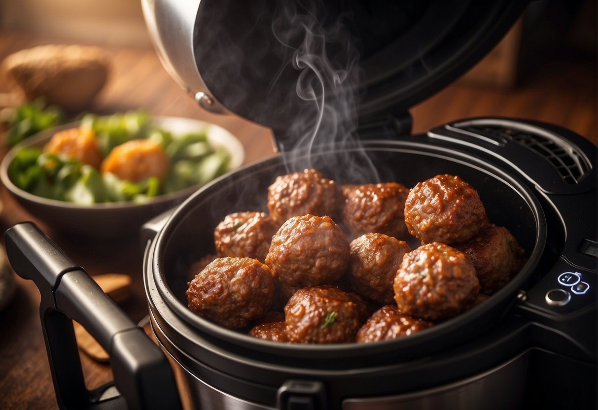 Meatballs placed in air fryer, heat circulating around them, timer set, steam rising as they cook