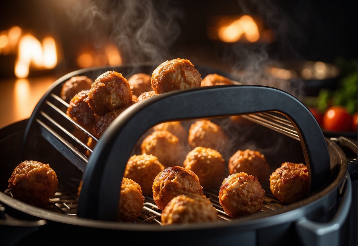 Meatballs sizzle in air fryer, golden and crispy. Steam rises as they are reheated, ready to be served