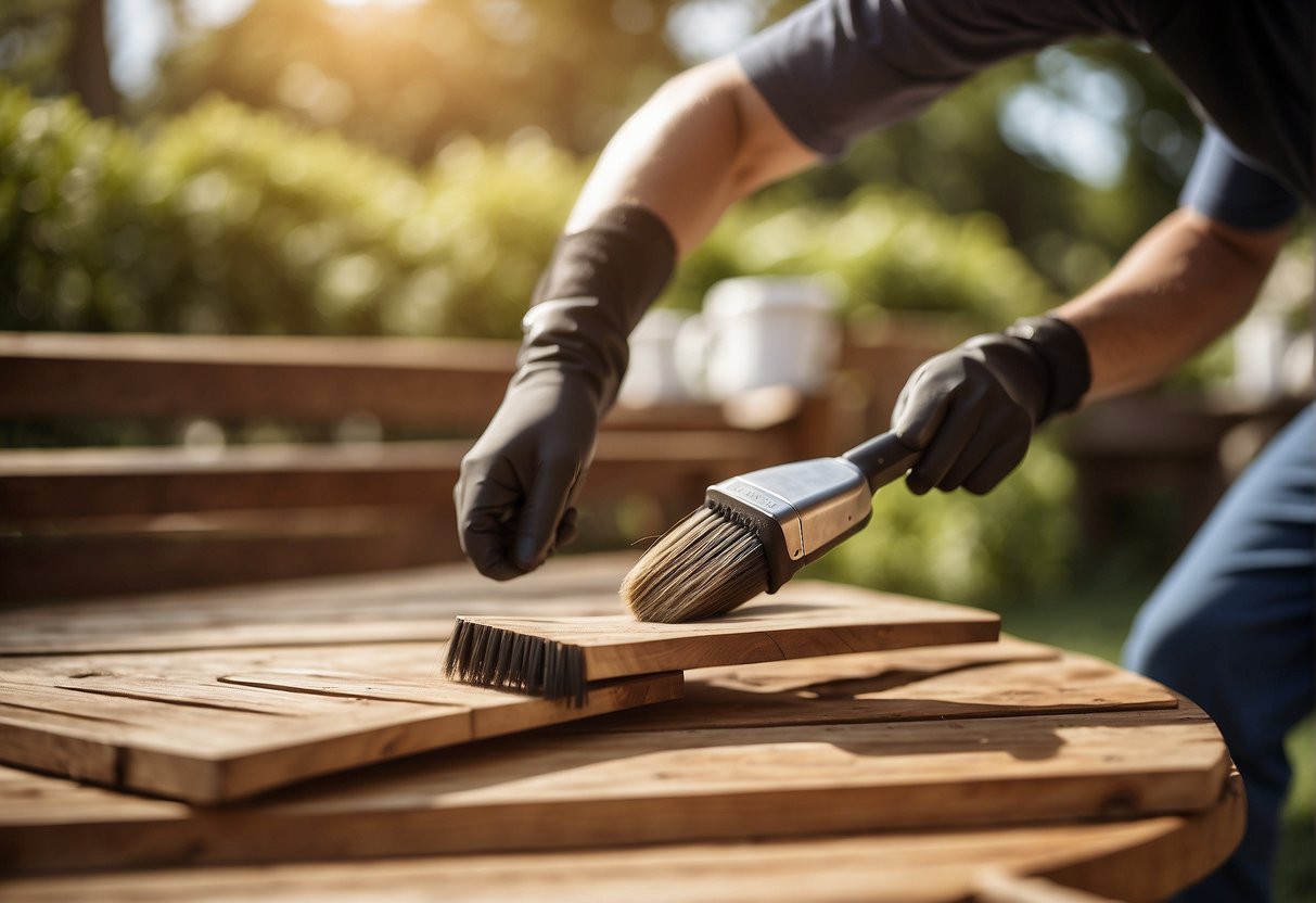 A person applies wood treatment to outdoor furniture, using a brush and protective gear