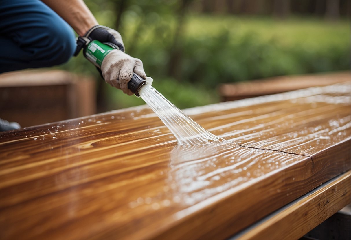 Untreated wood being coated with sealant and waterproofing solution for outdoor protection