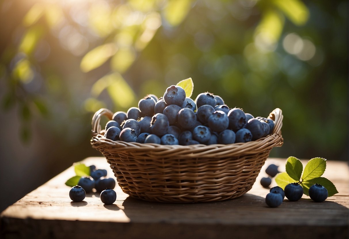 A basket of organic blueberries sits on a rustic wooden table, with a few berries spilling out onto the surface. Sunlight streams in from a nearby window, casting a warm glow on the juicy, vibrant fruit