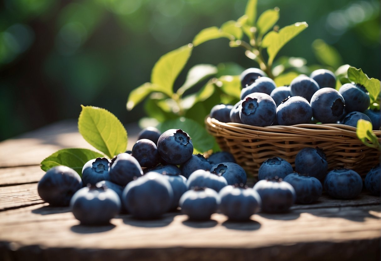 A basket of fresh, plump organic blueberries sits on a rustic wooden table, surrounded by vibrant green leaves and dappled sunlight