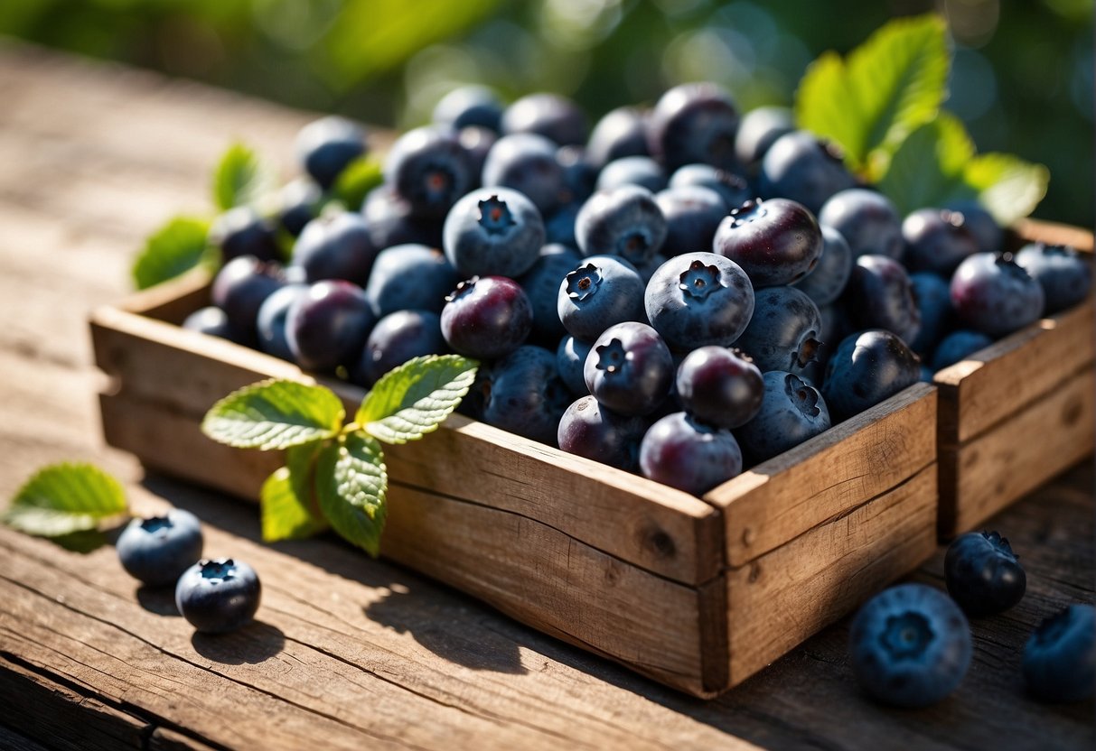 Luscious organic blueberries, in various sizes and shades, fill a rustic wooden crate. The backdrop hints at a lush, sun-dappled farm setting, with hints of green leaves and blue skies