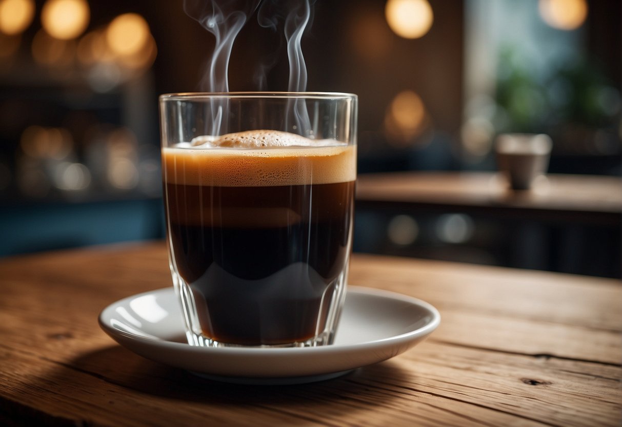 A tall glass of nitro cold brew sits next to a small cup of espresso on a wooden table, steam rising from the espresso