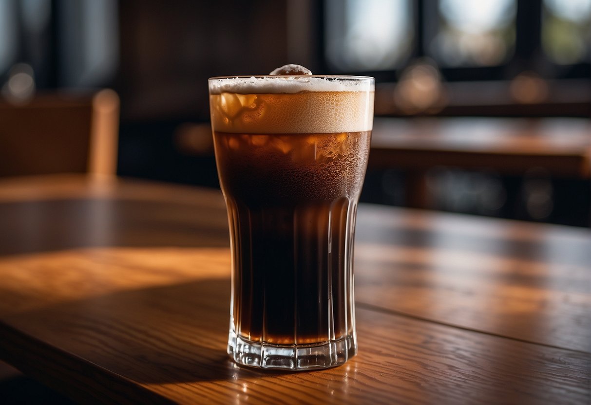 A tall glass of nitro cold brew sits on a wooden table, condensation forming on the outside. The dark liquid is topped with a thick, creamy foam, with tiny bubbles cascading down the sides