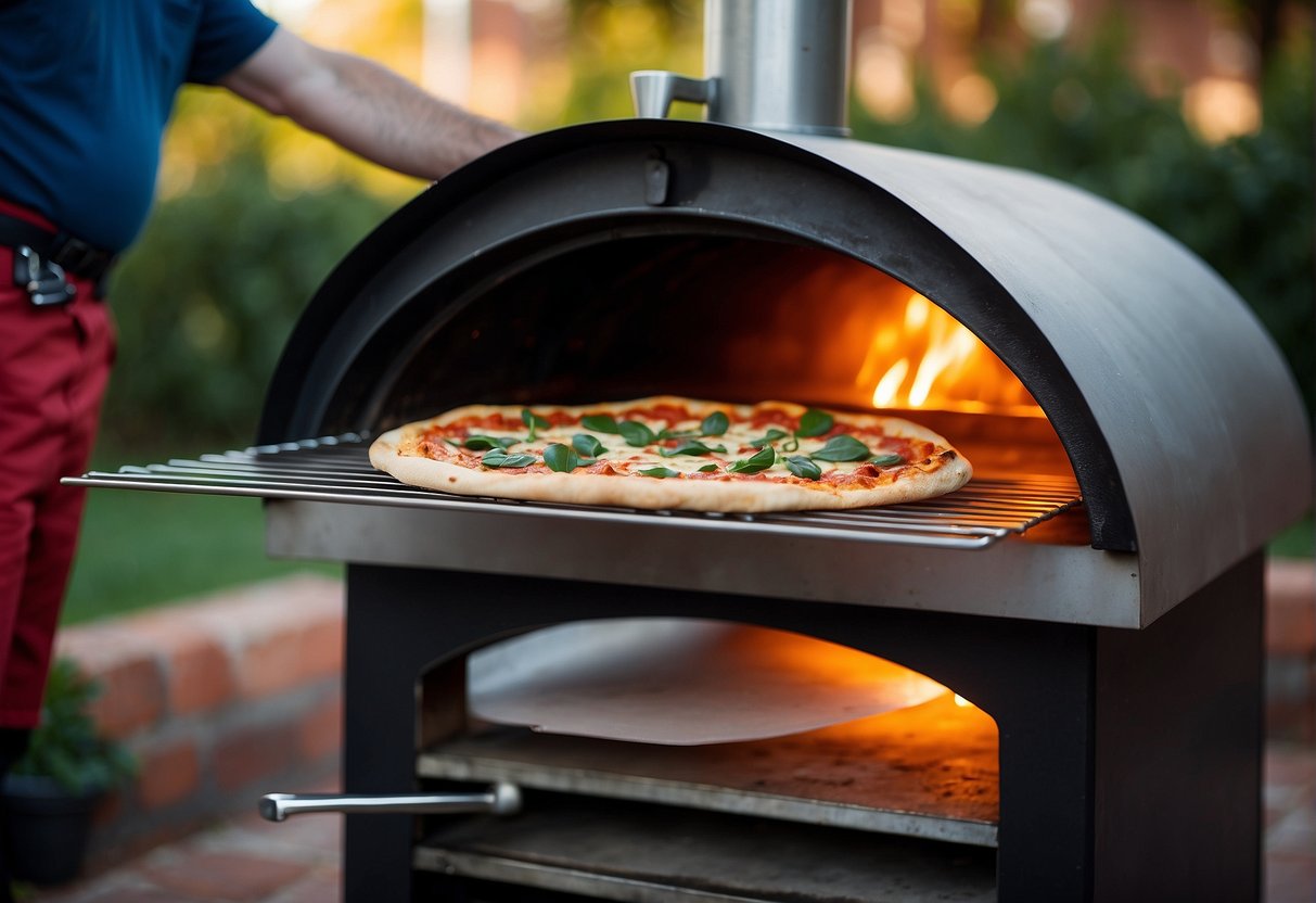 An outdoor pizza oven with a freshly cooked pizza inside, surrounded by utensils and a heat-resistant glove. Smoke and heat emanate from the oven