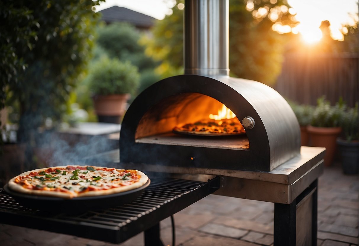 An outdoor pizza oven sits in a backyard with a fire burning inside. A pizza peel and fresh ingredients are nearby, ready to be used