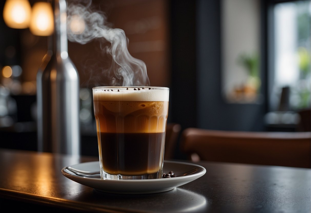 A steaming espresso sits next to a tall glass of nitro cold brew. The rich, dark coffee contrasts with the smooth, creamy foam on the cold brew