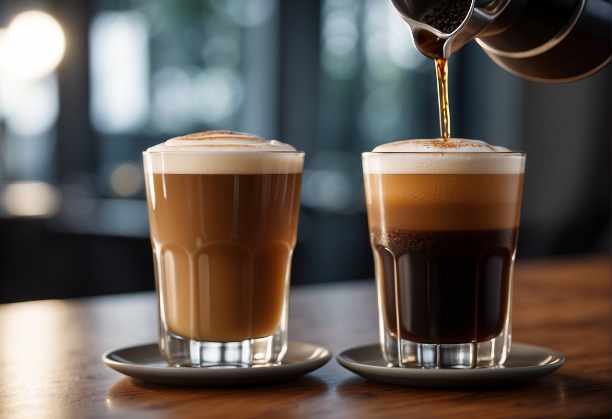 Two glasses side by side, one filled with nitro cold brew and the other with espresso. Steam rising from the espresso, while the nitro cold brew has a creamy foam on top