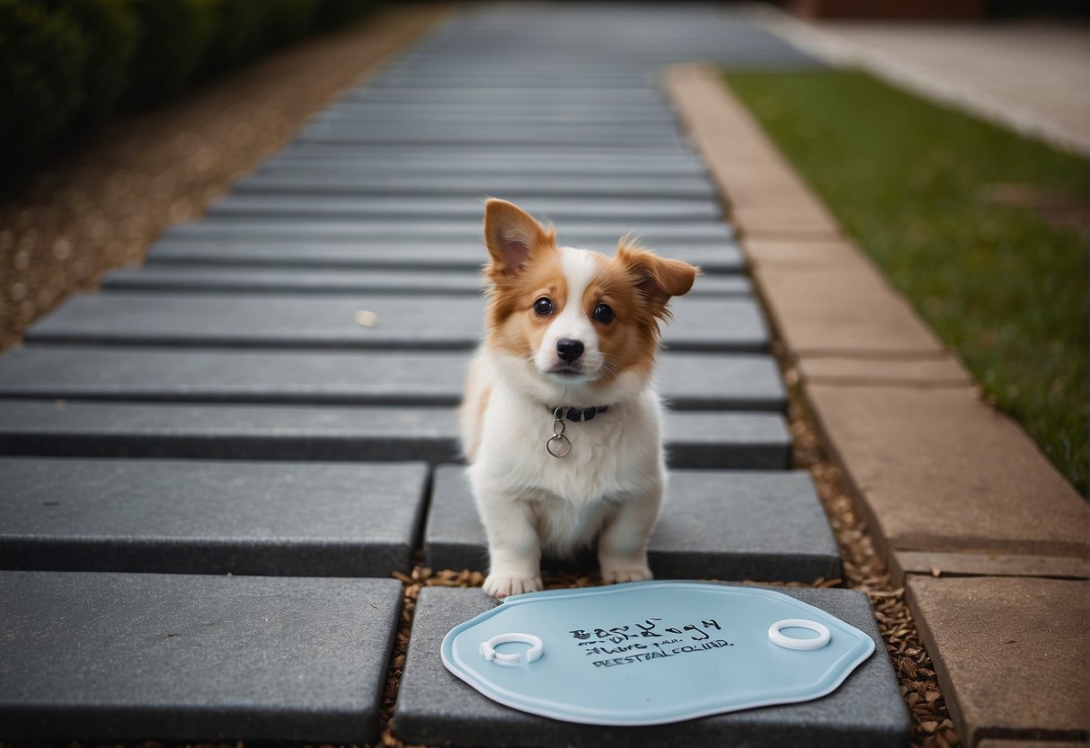 Puppy pads laid out in a designated indoor area, with a clear pathway to the outdoor potty spot. A small door or opening leading to the outdoor area, with a sign indicating its purpose