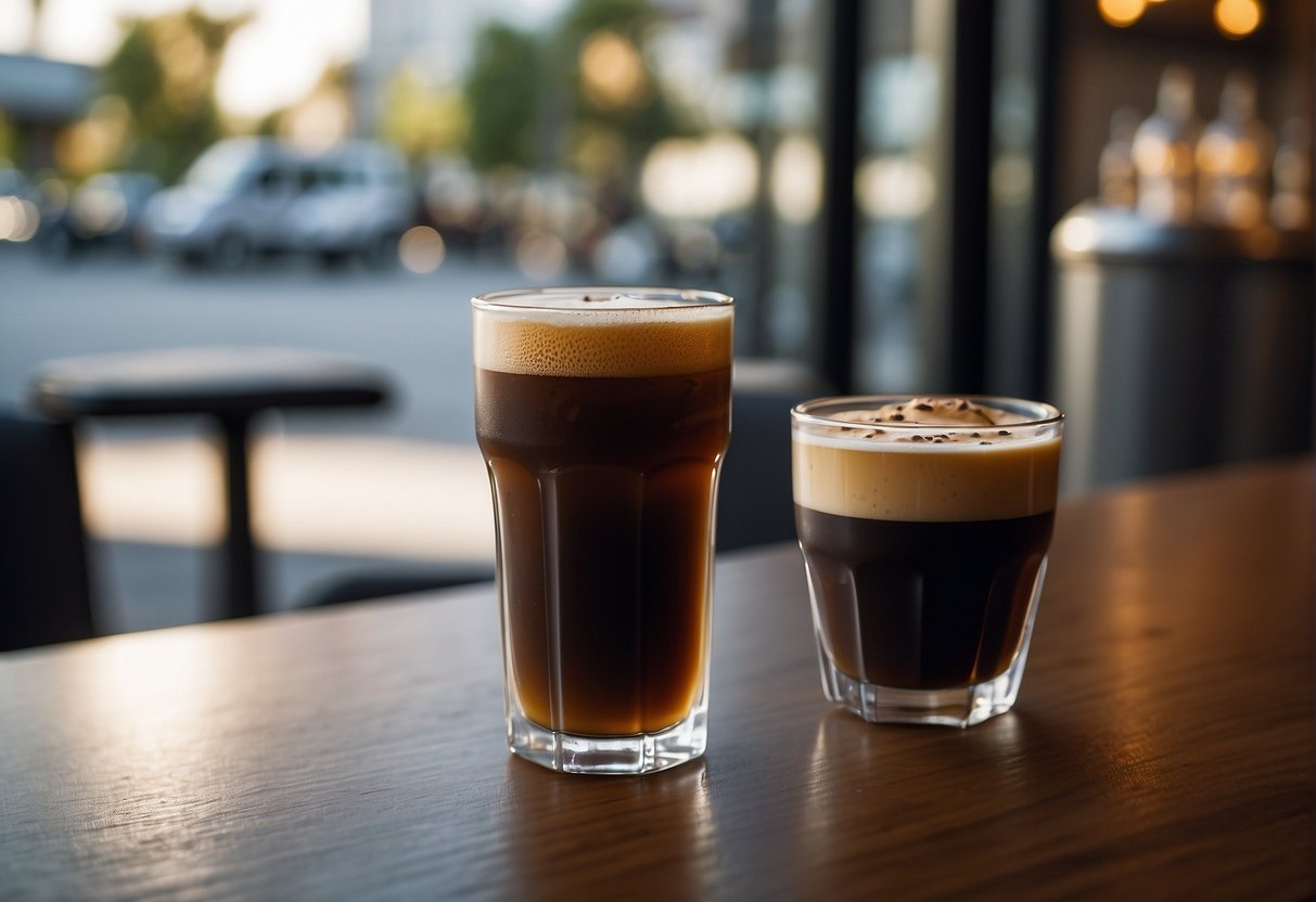 A glass of nitro cold brew and a shot of espresso side by side, with a question mark hovering between them