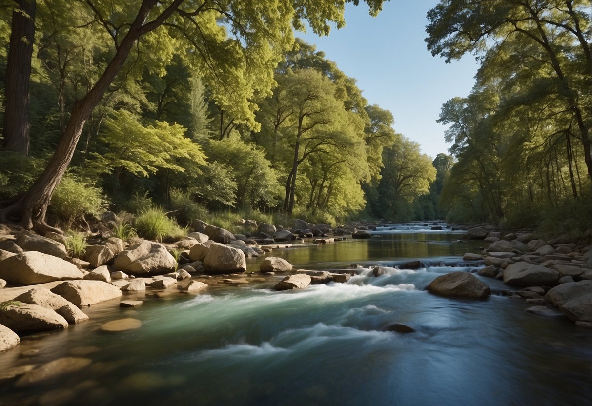 A serene outdoor setting with a flowing river, lush green trees, and a clear blue sky, showcasing the perfect environment for streaming the outdoor channel