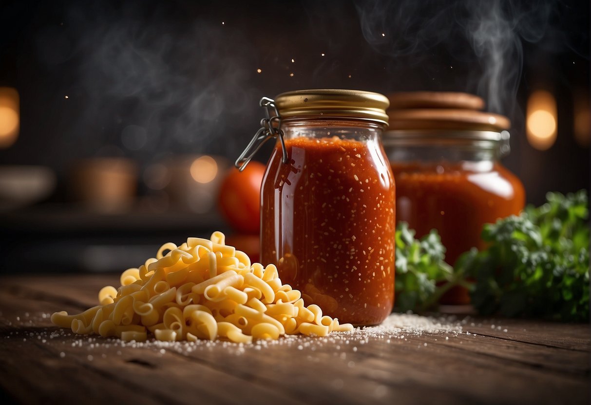 A pot of boiling water with macaroni inside, a jar of tomato sauce, and a sprinkle of grated cheese on top