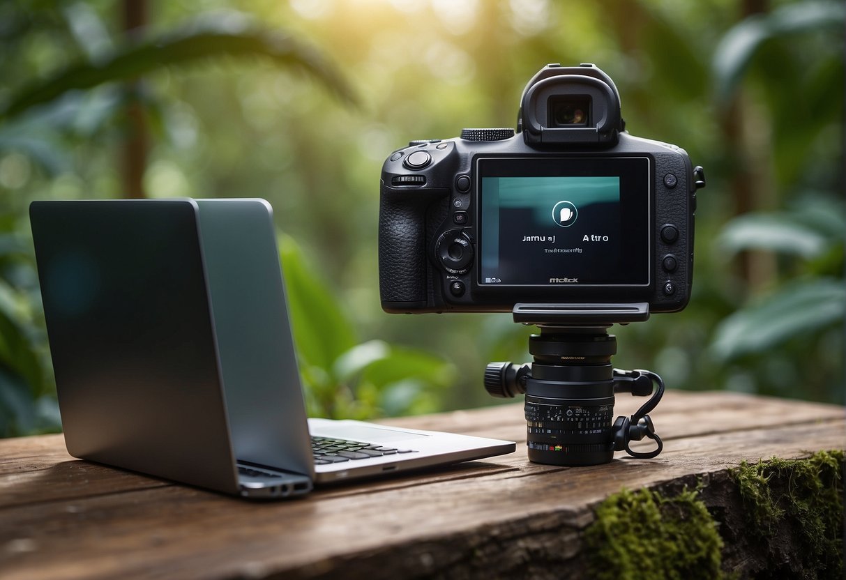 A camera and microphone are positioned outdoors, facing a lush natural backdrop. A laptop displays a streaming platform's interface