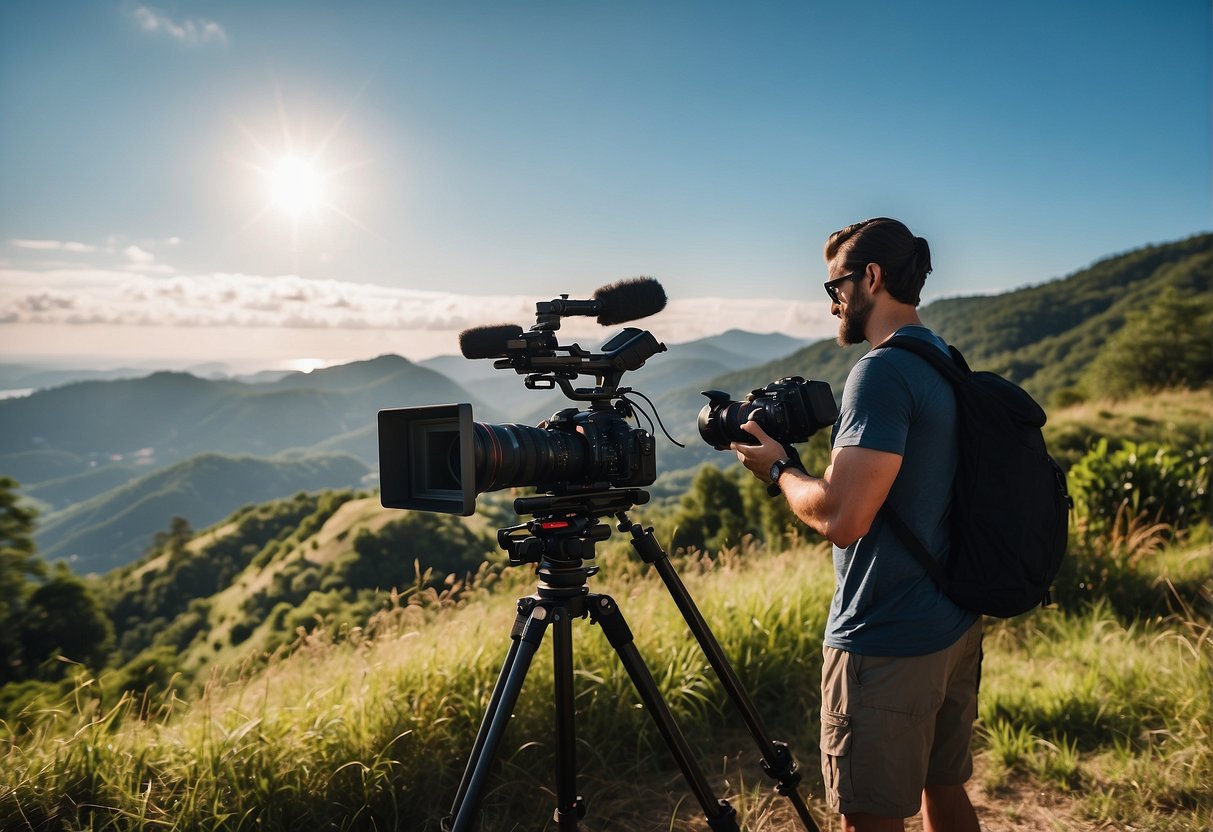 A person setting up outdoor filming equipment near a scenic location, with a clear blue sky and lush greenery in the background