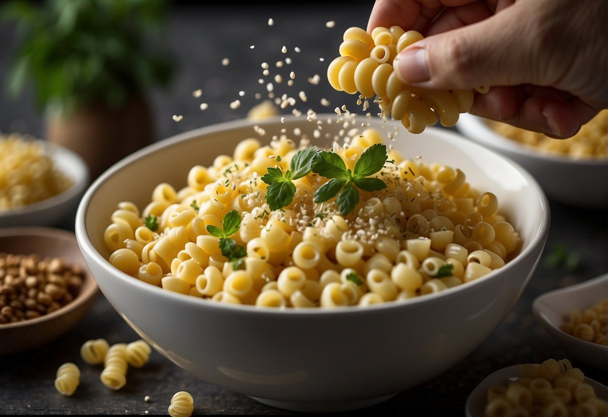 A hand sprinkling herbs onto a bowl of macaroni, adding a personal touch to the recipe