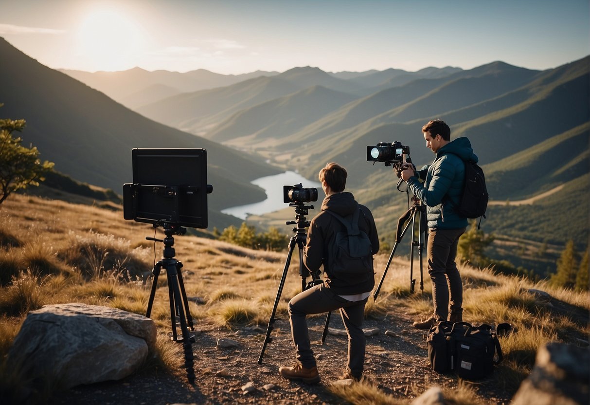 A person setting up outdoor streaming equipment near a scenic landscape