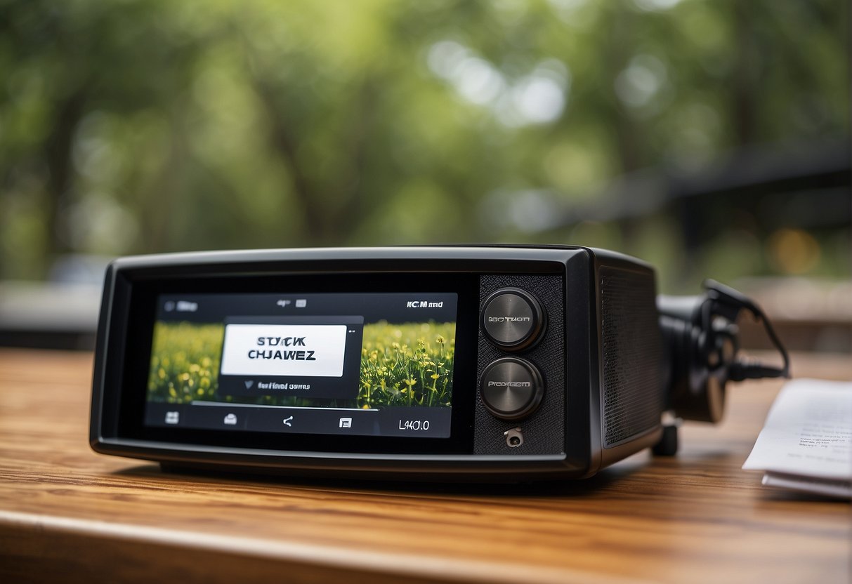 An outdoor channel logo displayed on a streaming device with legal documents and a contract in the background